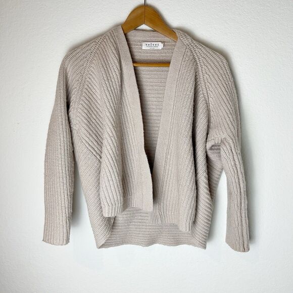 Velvet Cardigan Sweater Womens Medium Beige Knit Open Front Cashmere Blend Cozy - Picture 1 of 6